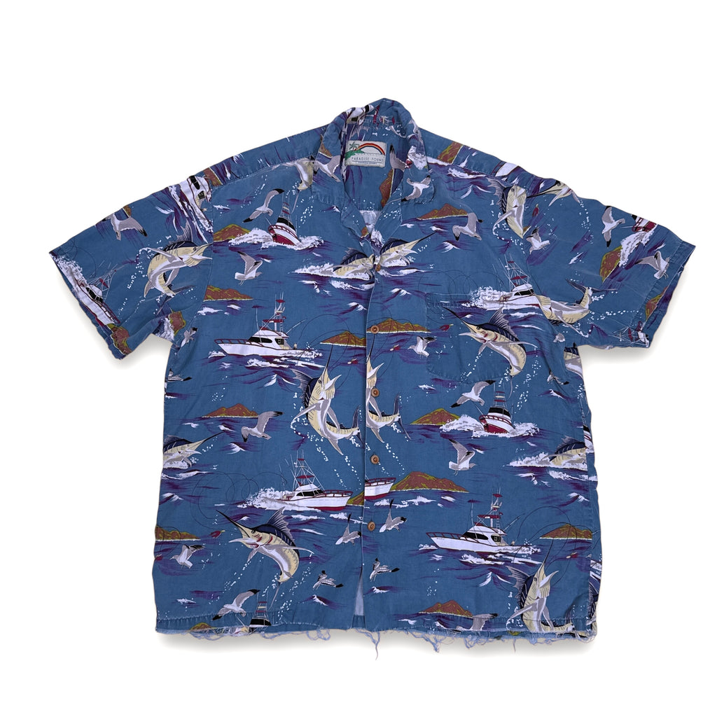 VTG Paradise Found Fishermen Sail Fish Distressed Hawaiian Button up L