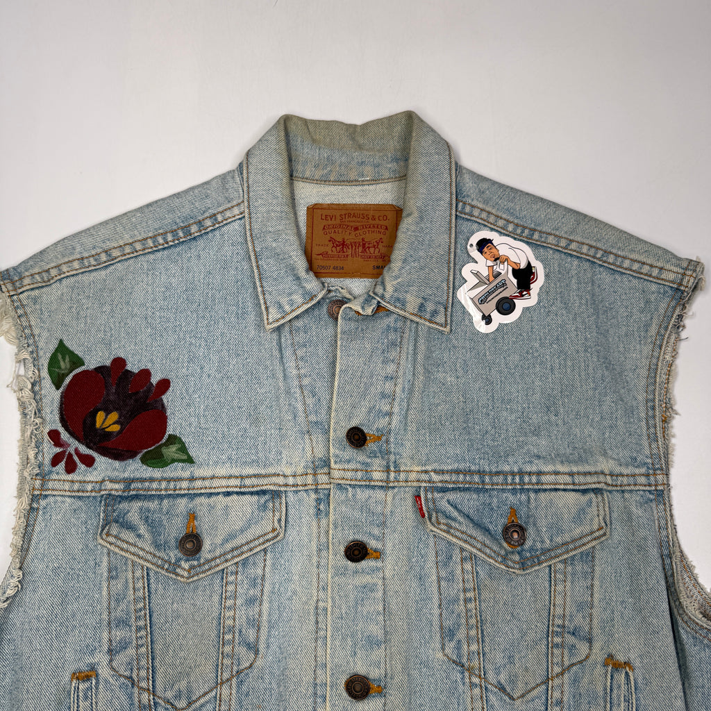 VTG Levis Cut Off Floral Hand Painted Denim Vest S/M
