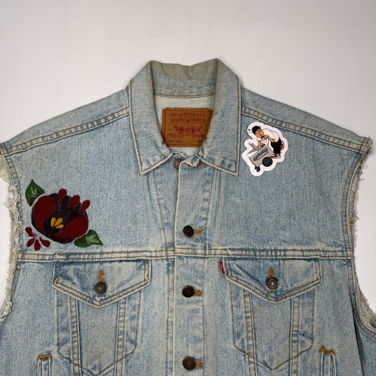 VTG Levis Cut Off Floral Hand Painted Denim Vest S/M