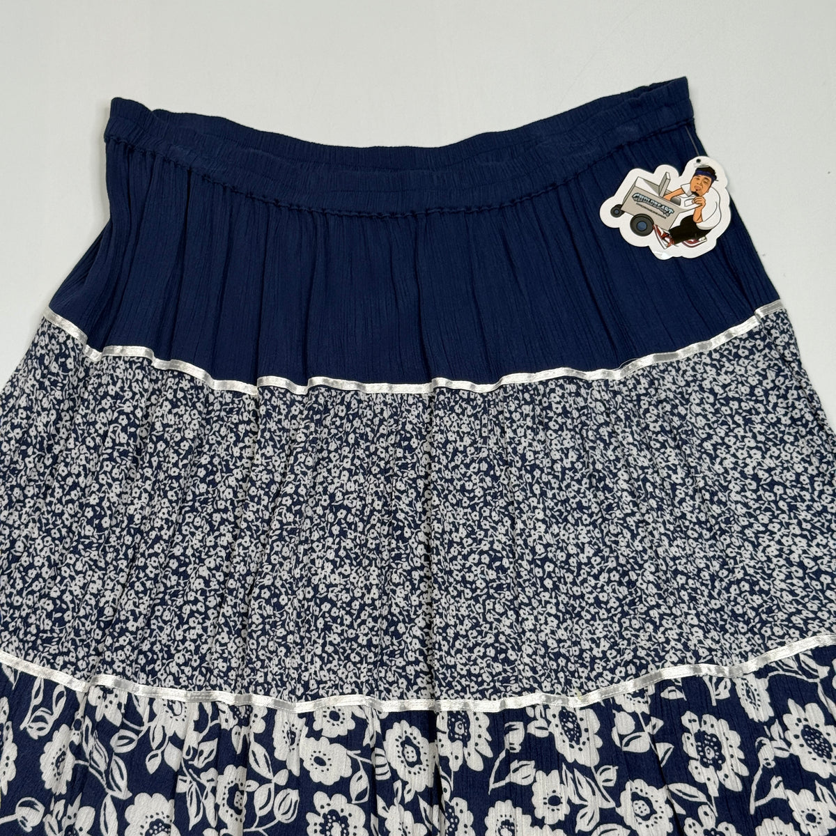 VTG Cathy Daniels Navy Floral Tiered Midi Skirt 35" L/XL