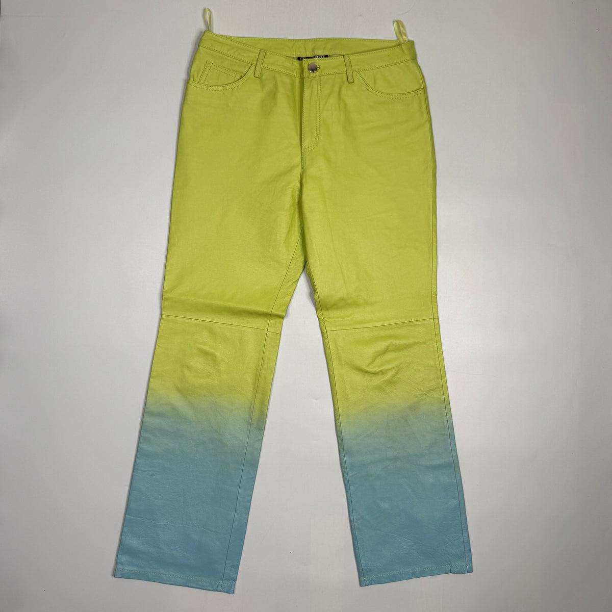Y2K Metrostyle Leather Pantsuit Set Ombre Blazer Flare Pants L Green Blue