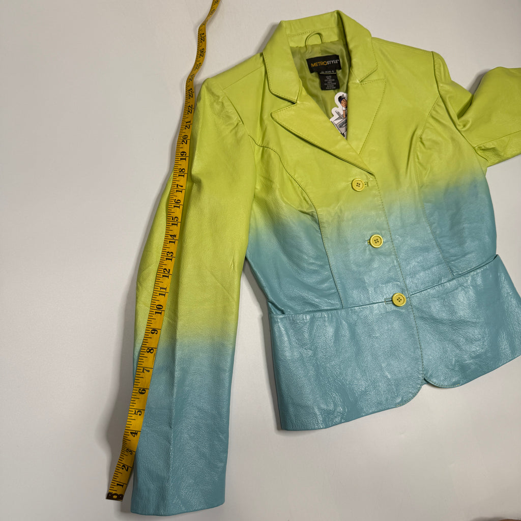 Y2K Metrostyle Leather Pantsuit Set Ombre Blazer Flare Pants L Green Blue