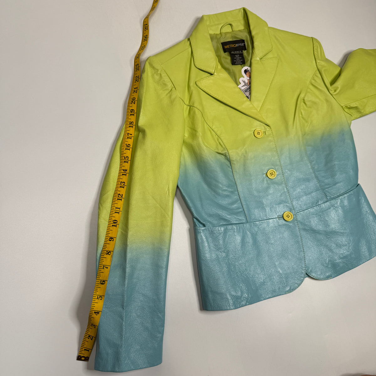 Y2K Metrostyle Leather Pantsuit Set Ombre Blazer Flare Pants L Green Blue