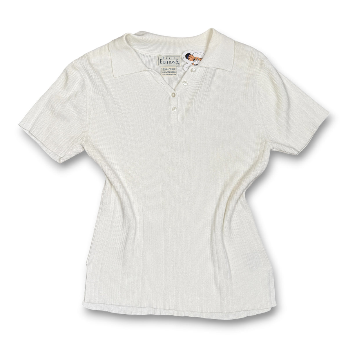 VTG Basic Editions Polo Top Ribbed Knit Top S White