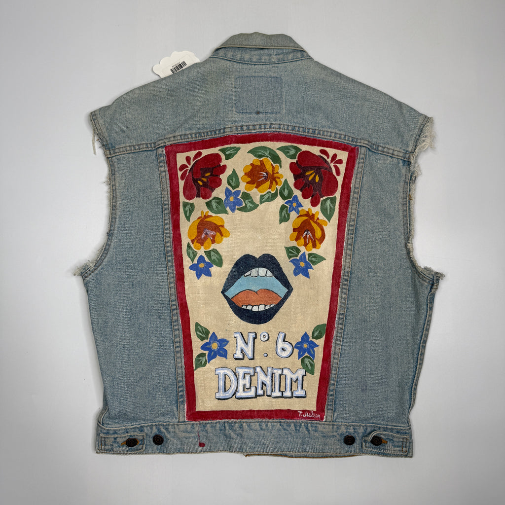 VTG Levis Cut Off Floral Hand Painted Denim Vest S/M