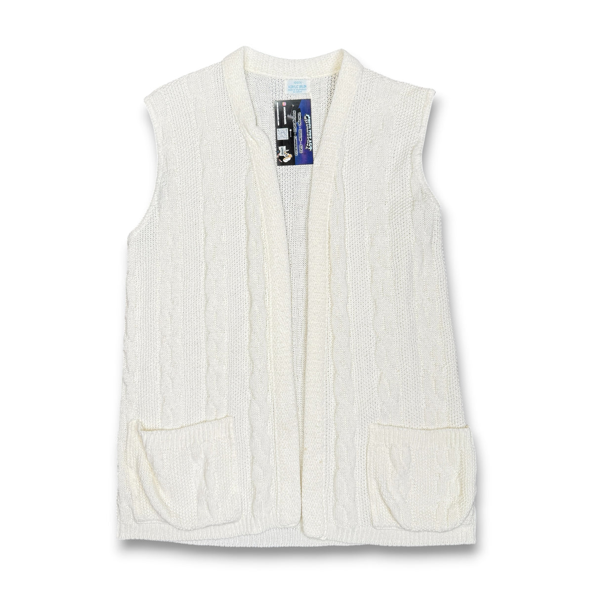 VTG Acrylic Orlon Sweater Vest Cable Knit Cardigan L Ivory