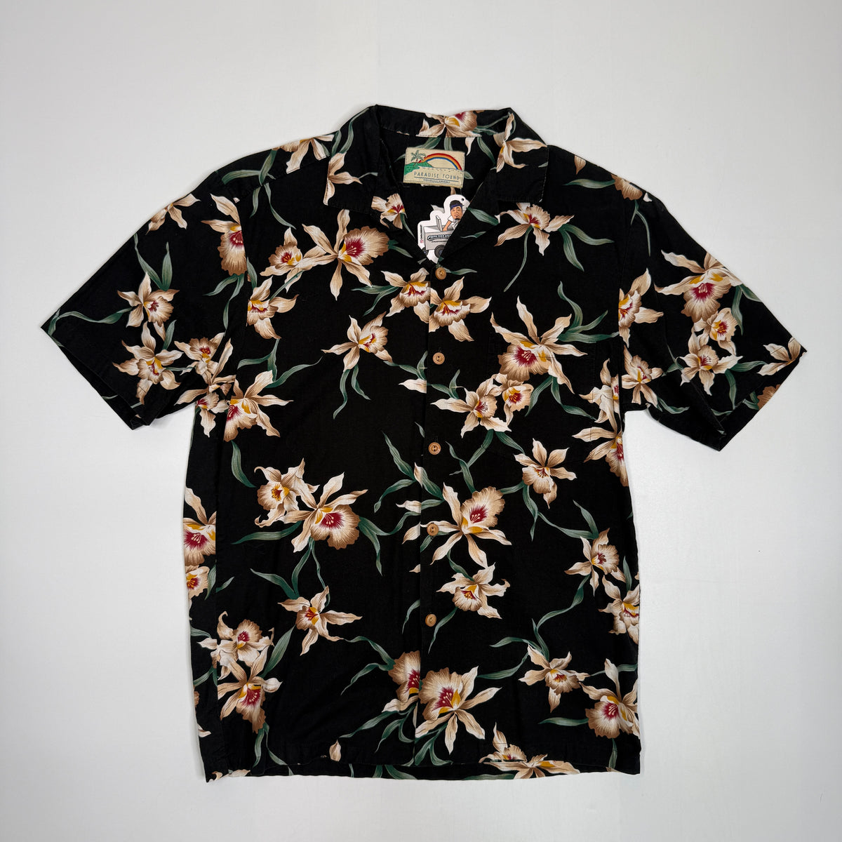 VTG Paradise Found Cattleya Orchid Hawaiian Button Up M