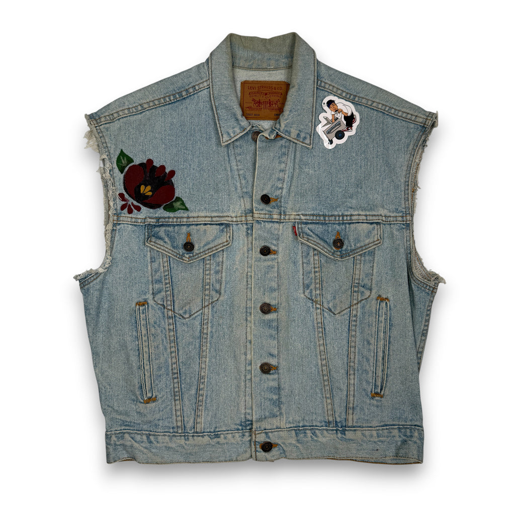 VTG Levis Cut Off Floral Hand Painted Denim Vest S/M
