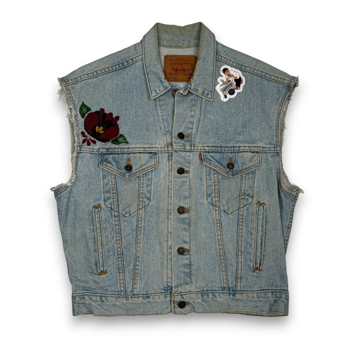 VTG Levis Cut Off Floral Hand Painted Denim Vest S/M