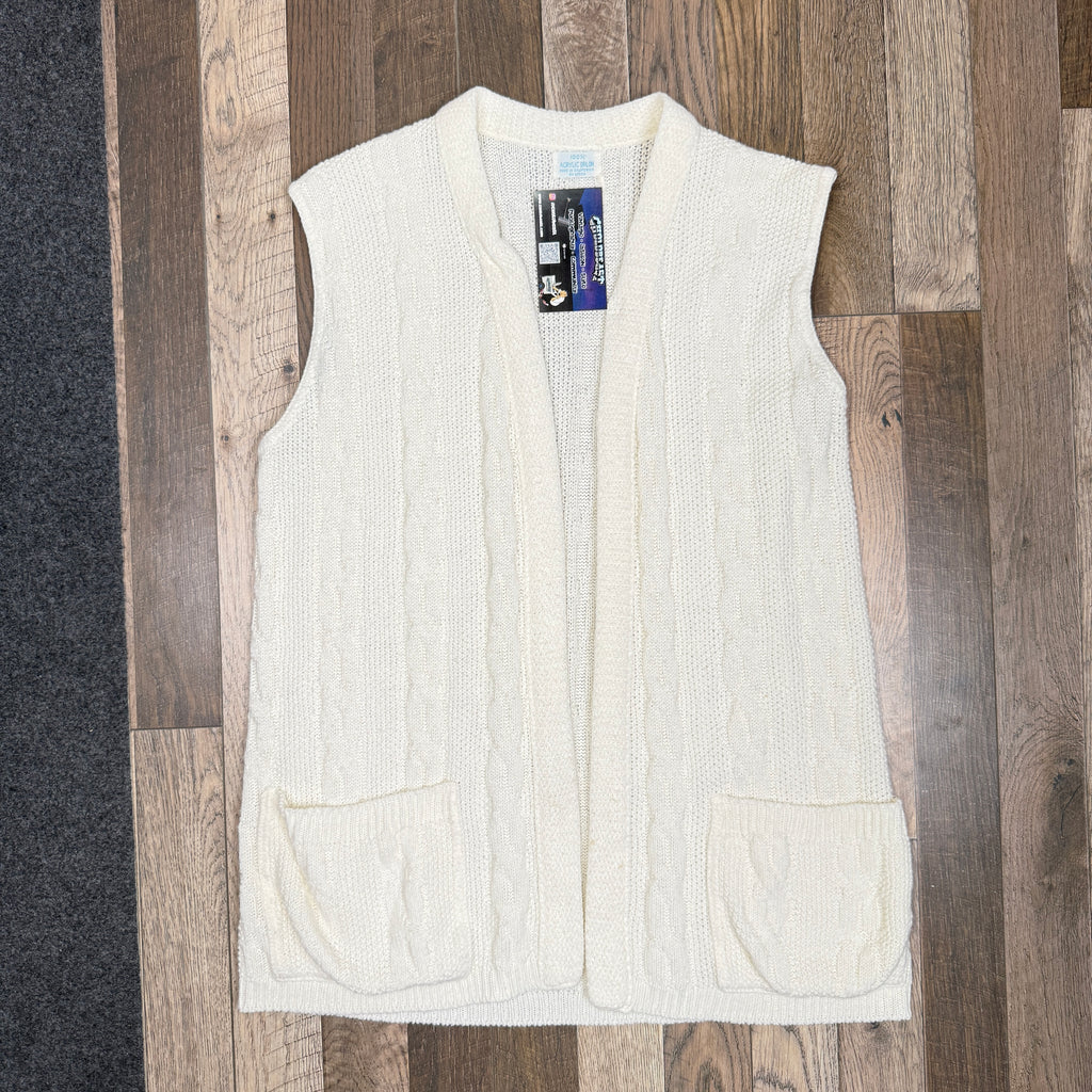 VTG Acrylic Orlon Sweater Vest Cable Knit Cardigan L Ivory