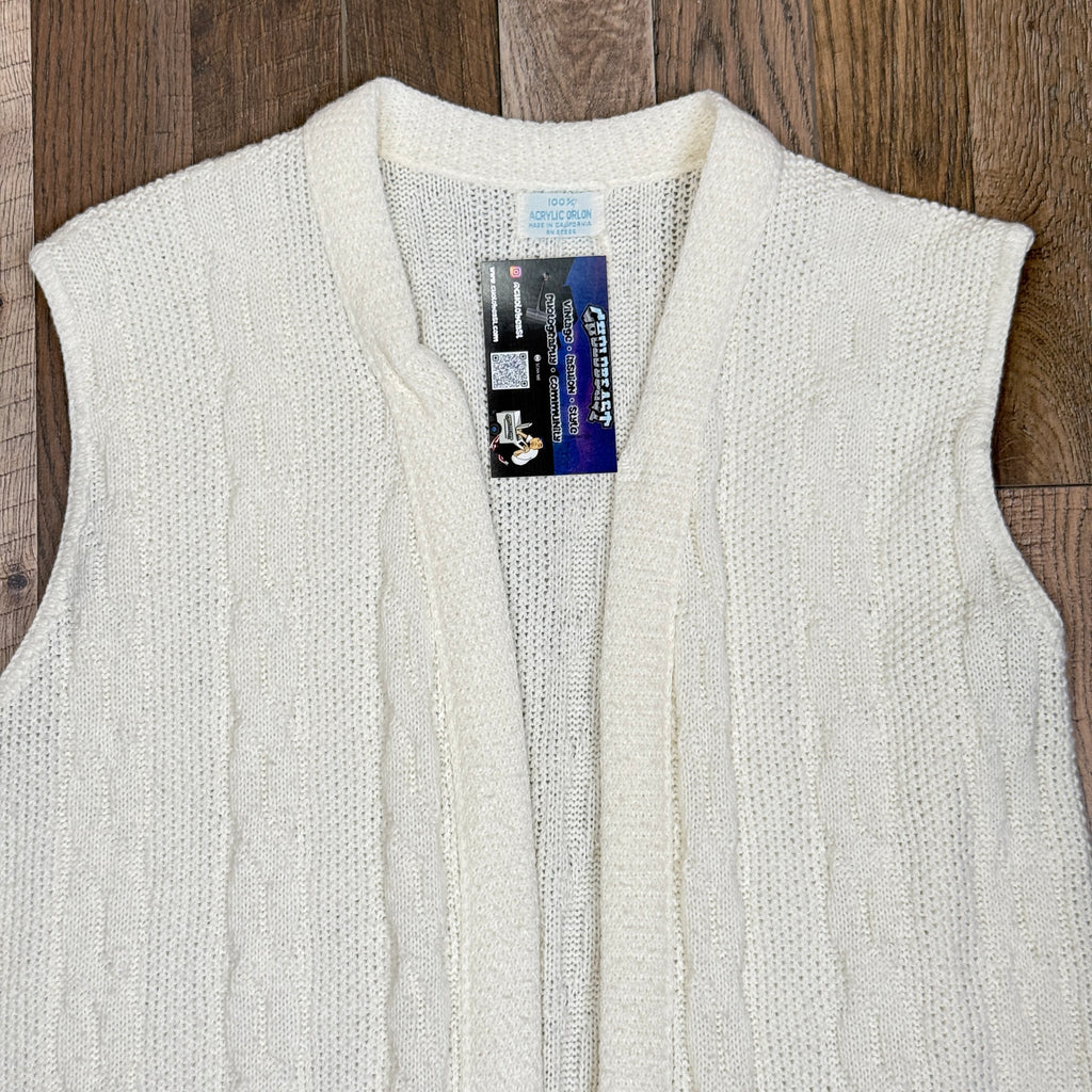 VTG Acrylic Orlon Sweater Vest Cable Knit Cardigan L Ivory