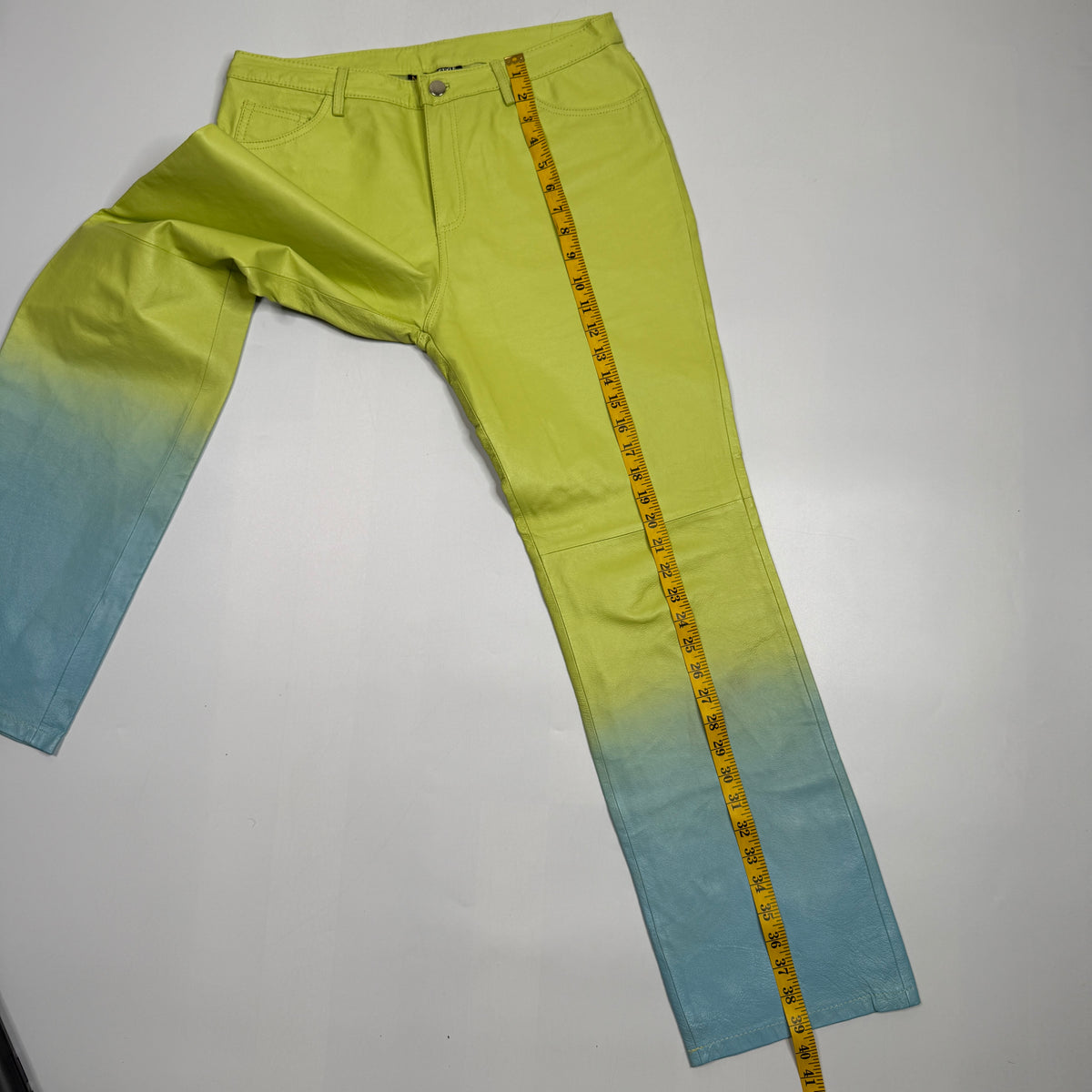 Y2K Metrostyle Leather Pantsuit Set Ombre Blazer Flare Pants L Green Blue