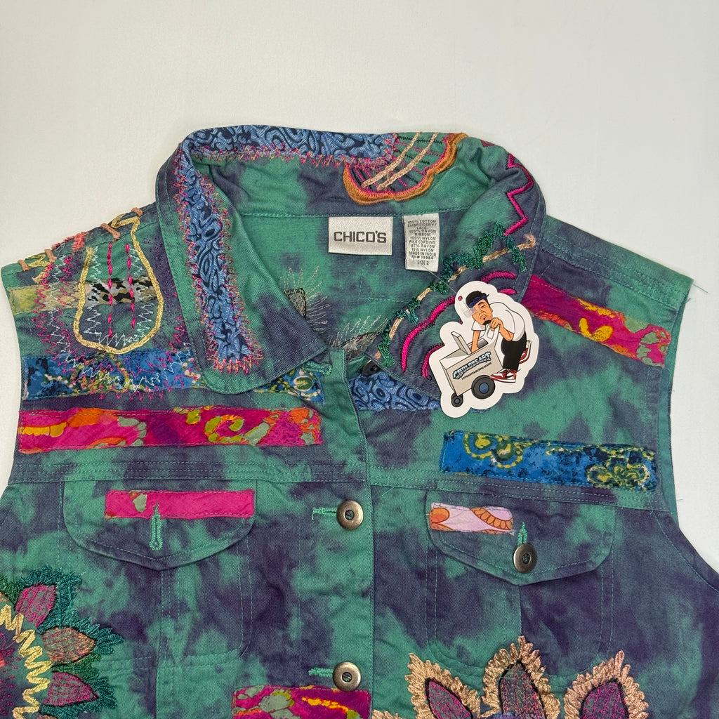 VTG Chicos Art Embroidered Stitched Dyed Multi Color Vest S