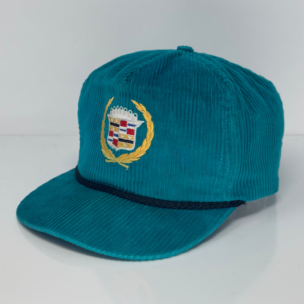 VTG Cadillac Teal Corduroy Leather Strapback Hat