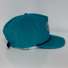 Load image into Gallery viewer, VTG Cadillac Teal Corduroy Leather Strapback Hat